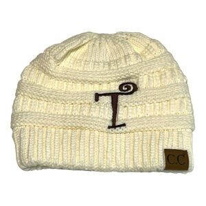 C.C Ivory Ribbed Knit Monogrammed (T) Beanie